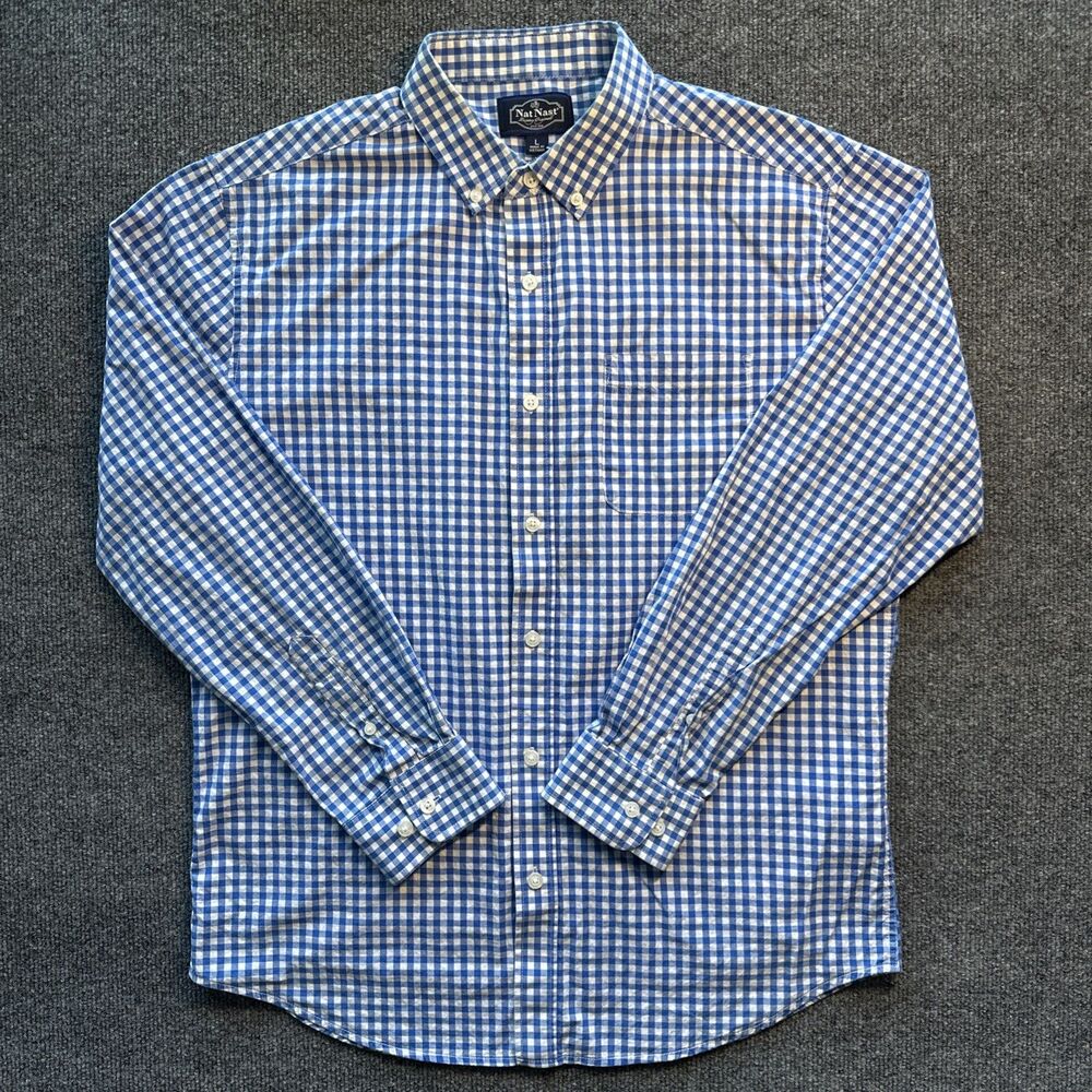 NAT NAST Mens Large L Button Down Shirt Blue Plaid Check Long Sleeve 100% Cotton